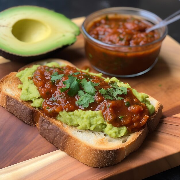 Avocado toast with guacamole sauce on a wooden board ai generative