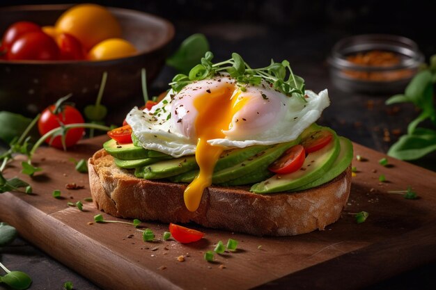 Avocado toast with poached egg garnished with fresh herbs Generative AI