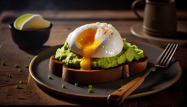 Avocado toast with poached egg with runny egg yolk over rye bread toast with mashed avocado spread