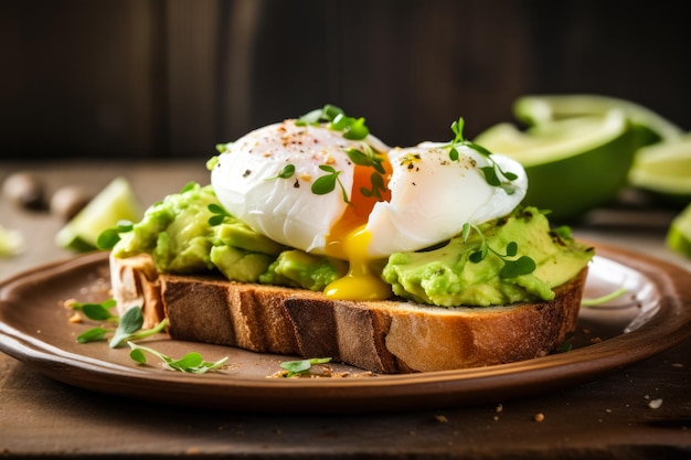 Avocado toast with poached eggs closeup background with empty space for text