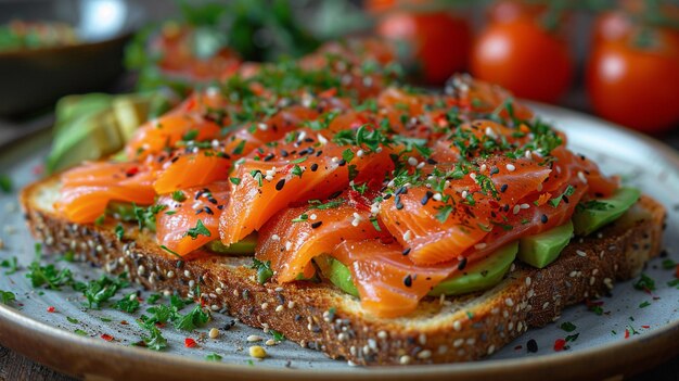 Foto toast di avocado con salmone affumicato