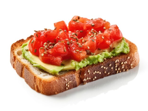 Avocado toast with tomatoes and cheese isolated on a white background