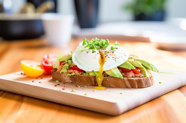 Photo avocado toast on wooden board with poached egg