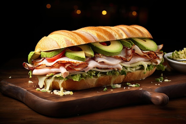 Avocado turkey sandwich with Swiss cheese and bacon on chiabatta roll fresh and healthy