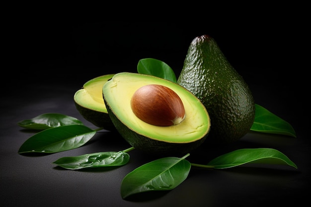 Photo avocado with cut in halfand green leaves isolated