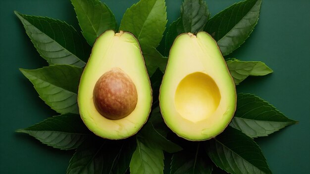 Avocado with cut in halfand green leaves isolated