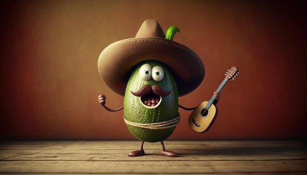 An avocado with a hat and a guitar