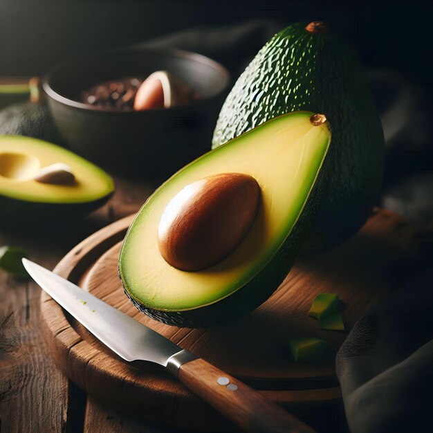 Photo avocado with a knife on a wooden table