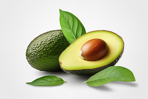 An avocado with leaves isolated on a white background