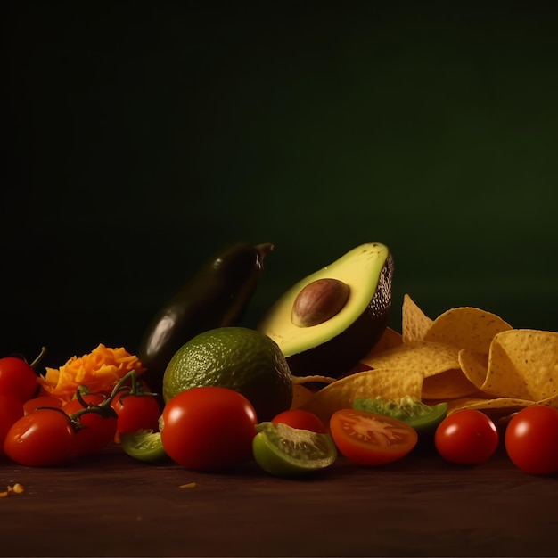 avocado with vegetables and nachos on wooden board