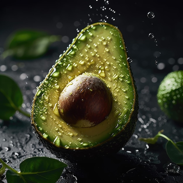 An avocado with water droplets on it