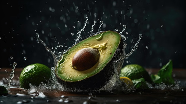 Avocado with water splashing in the air