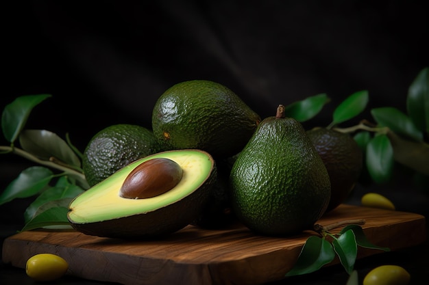 Avocado on a wooden cutting board with green leaves