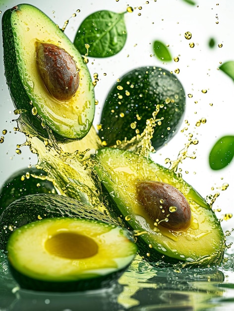 Avocado zweeft in de lucht en avocadosap spat rond geïsoleerd op de achtergrond