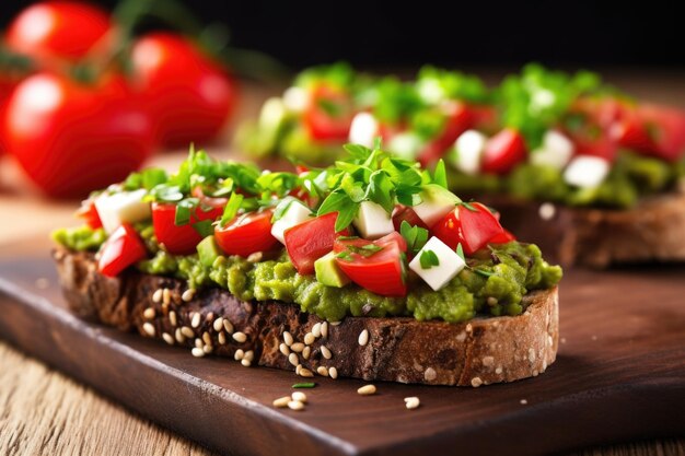 Avocadobruschetta op het close-upschot van meergranenbrood