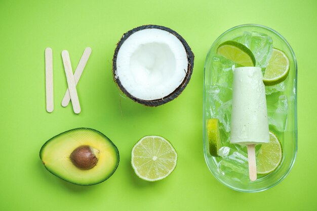 Avocadococonut and lime popsicles