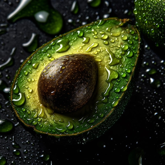 Foto avocadofruit in tweeën gesneden op zwarte smakelijke verse groene avocado met waterdruppels close-upvoedsel