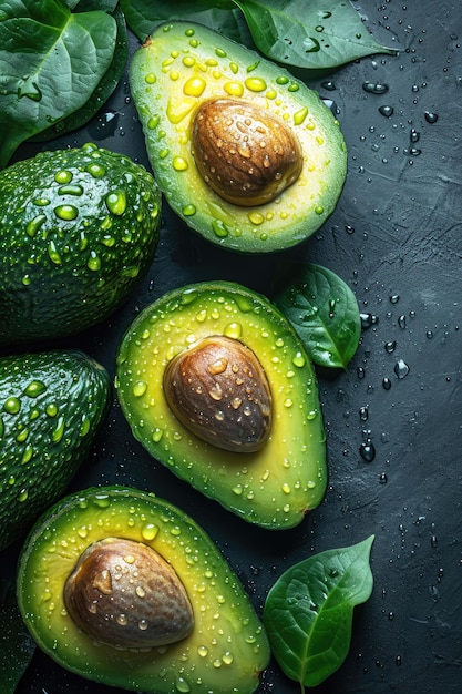 Avocados On Black Backdrop With Water Drops