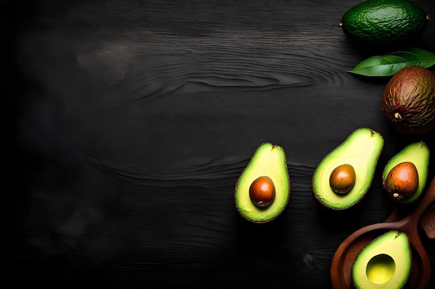 Avocados on black wood background