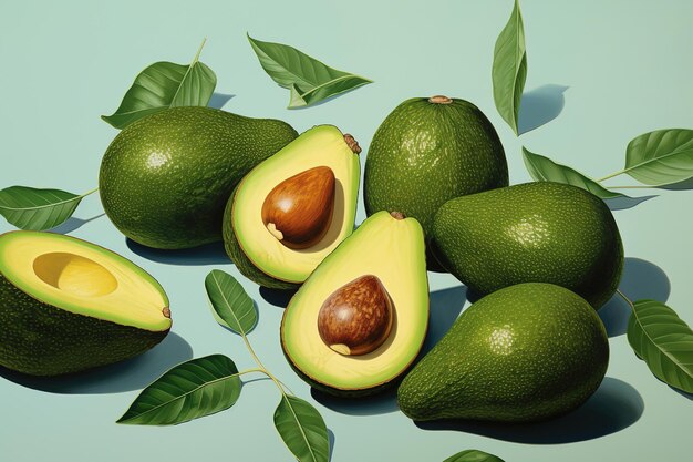 Avocados on a blue background with green leaves generative ai