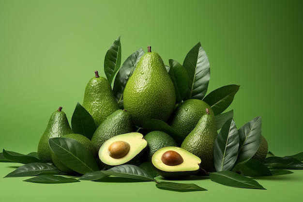 Avocados on a green background with green leaves generative ai