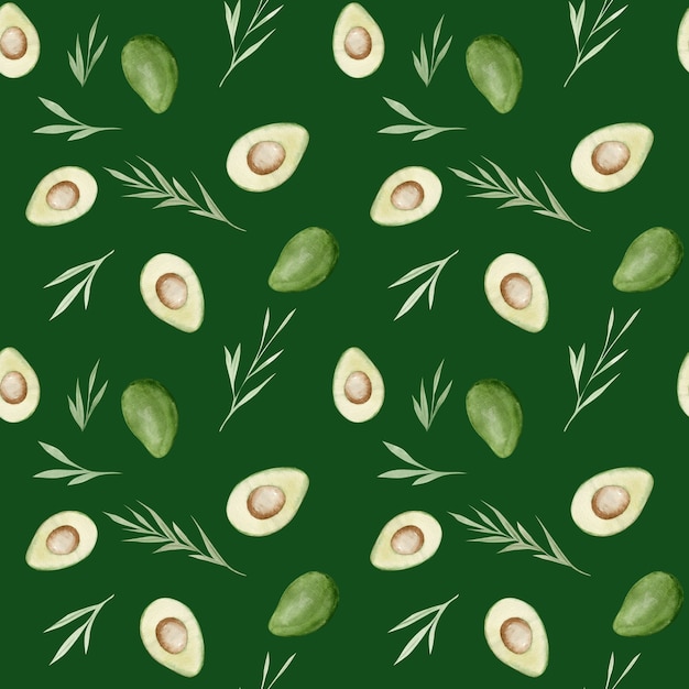 Avocados and green leaves seamless pattern.