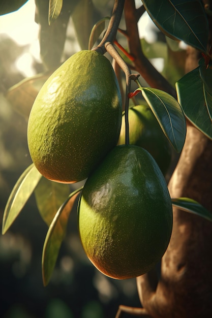 Avocados hanging growing on a tree closeup