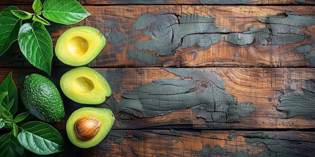 Avocados and Leaves on a Wooden Table