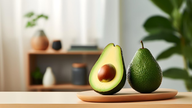 Avocados on the wood kitchen table enveloped in natural light Generative AI