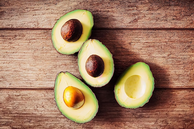 Avocados on a wooden table with the word avocado on the front.