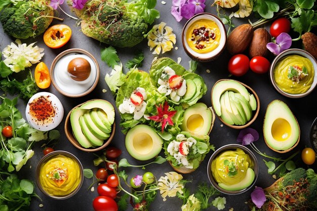 Avocadothemed brunch spread with various dishes