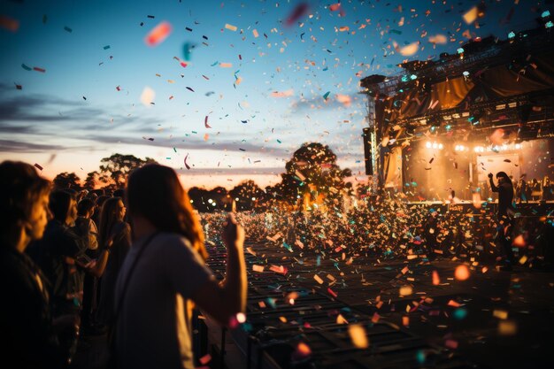 Avond op een openlucht muziekfestival met kleurrijke confetti die door de lucht vliegen