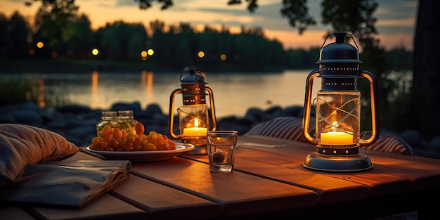 Avond picknick met lantaarns op een rivier oever schemering kalm