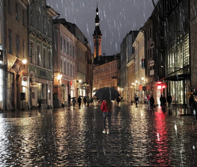 avond regenachtige straat mensen lopen met paraplu's stad wazig licht nat bestrating stedelijk Tallinn