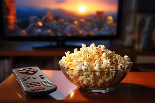 Avondcomfort met popcorn gevulde kom en een werkende tv in zicht