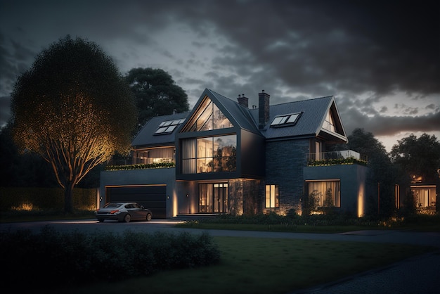 Avondmening van een luxueus modern huis