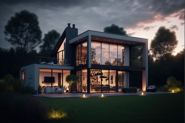 Avondmening van een luxueus modern huis