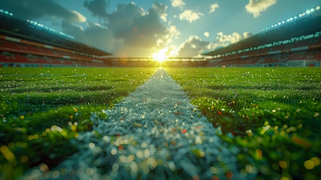 Avondvoetbalstadion met groen gras en felle lichten