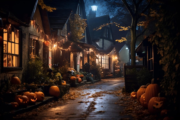 Avondzicht op een prachtige, met Halloween versierde gezellige oude straat Gegenereerde AI-inhoud