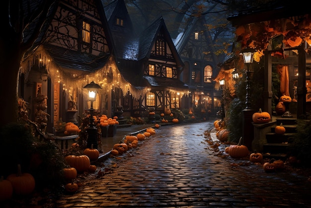 Avondzicht van een prachtige met Halloween versierde kleine woonstraat Gegenereerde AI-inhoud