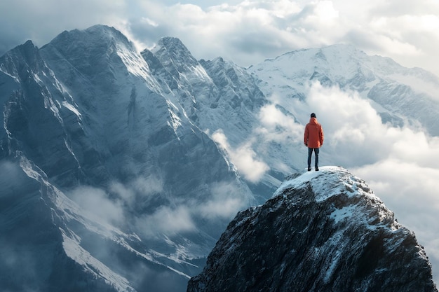 Foto avonturier op de besneeuwde bergtop