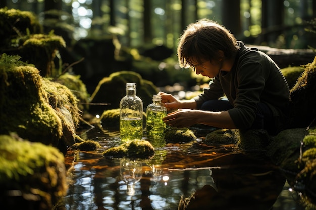 Avonturier Pauzeer op het pad en drink water uit de kantine, omringd door het generatieve bos IA