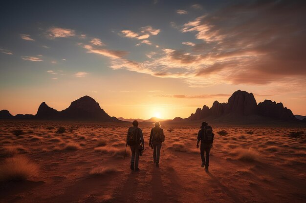 avontuur in de schoonheid van het uitgestrekte woestijnlandschap bij zonsondergang