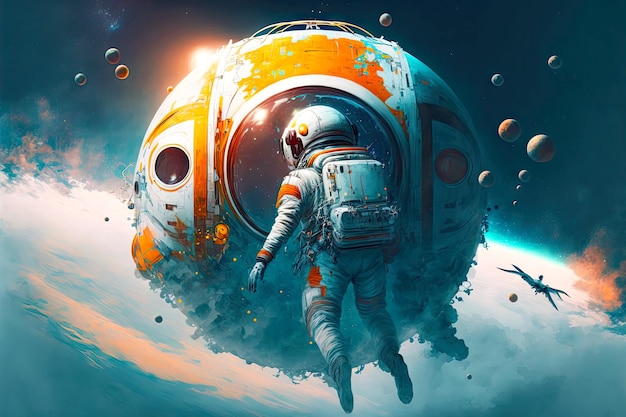 Avontuur van toekomstige drijvende astronaut in buitenste e