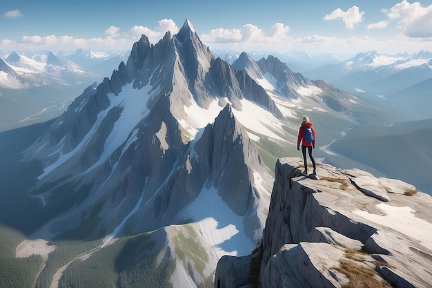 Avontuur Vrouw op de top van Rocky Mountain Cliff Aerial Canadian Mountain landschap uit British Columbia in de achtergrond 3d Rendering Peak