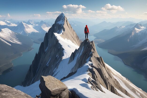 Avontuur Vrouw op de top van Rocky Mountain Cliff Aerial Canadian Mountain landschap uit British Columbia in de achtergrond 3d Rendering Peak