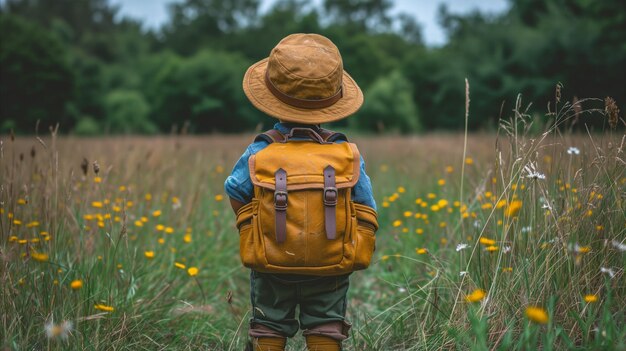 Avontuurlijk kind in de natuur met rugzak en hoed staande in een weiland