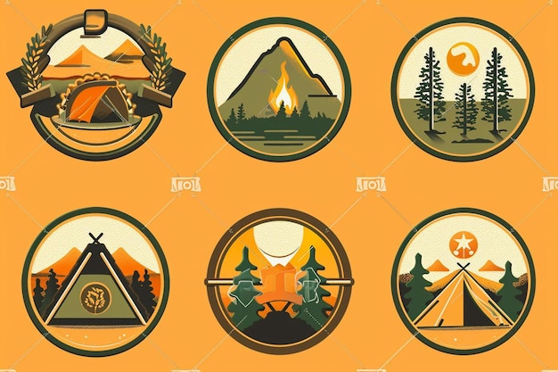 Foto avontuurlijke badges met kampertent in oranje kleur