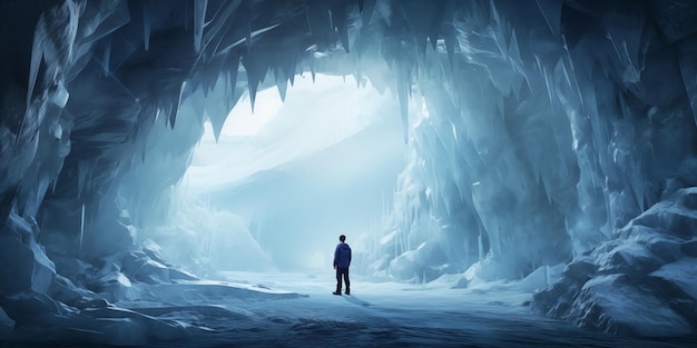 Foto avontuurlijke man die in een ijsgrot in de bergen staat sneeuw bedekt berglandschap ai gegenereerd