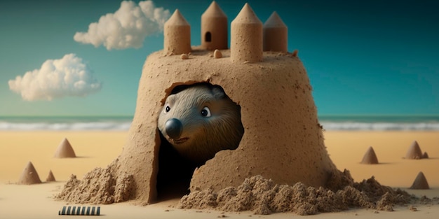 Avontuurlijke Mol die tijdens vakantie aan zee een zandkasteel bouwt op het strand